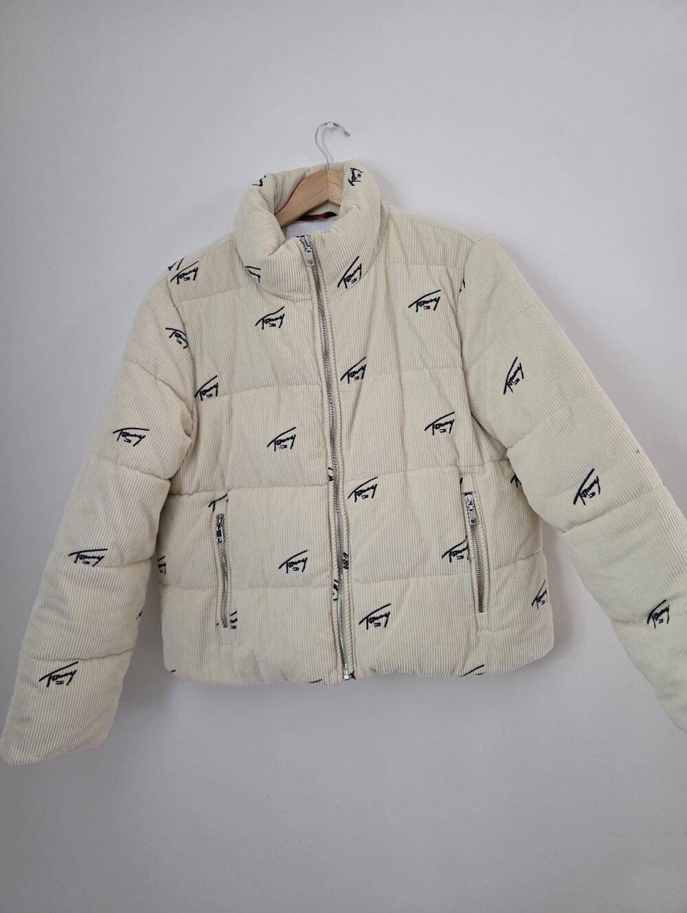 Tommy Hilfiger Off-White Quilted Corduroy Puffer Jacket with Logo